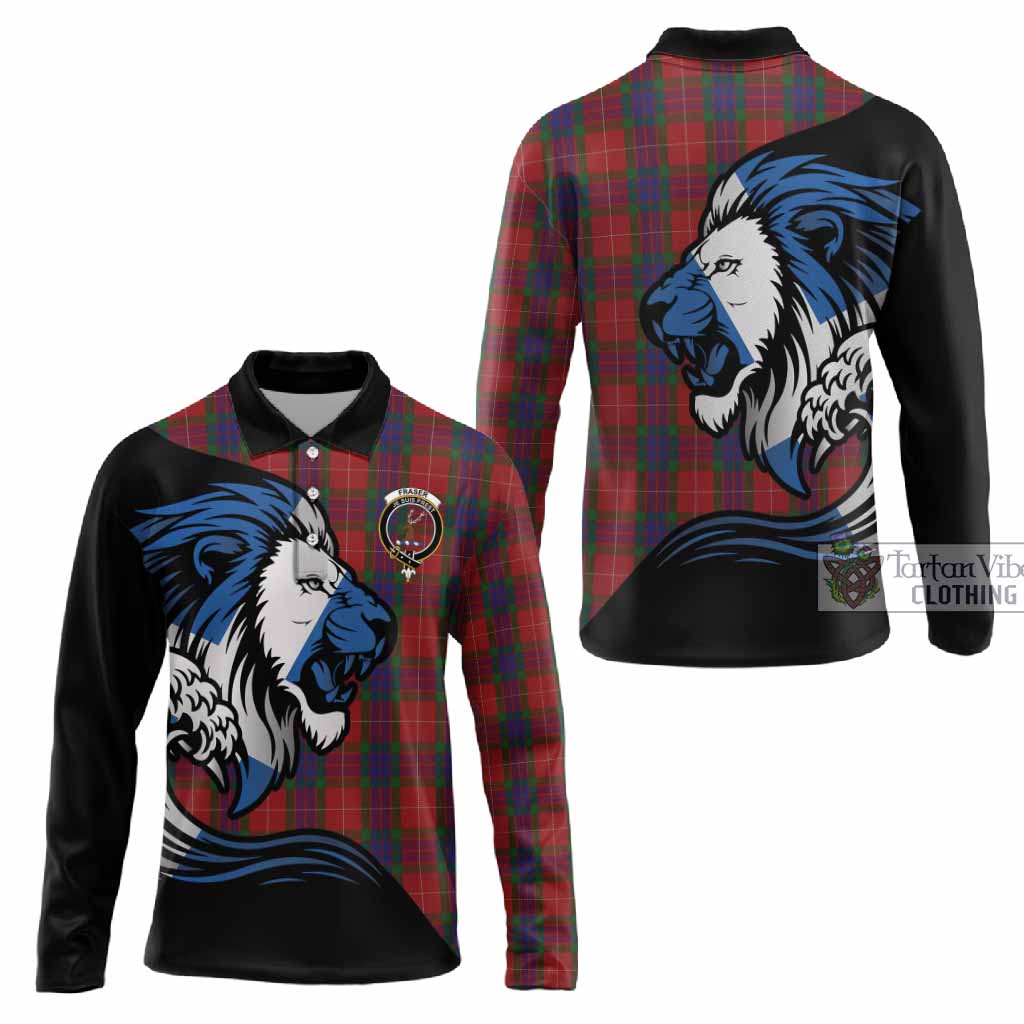 Fraser Tartan Crest Long Sleeve Polo Shirt Scottish Golden Lions Wave Flow