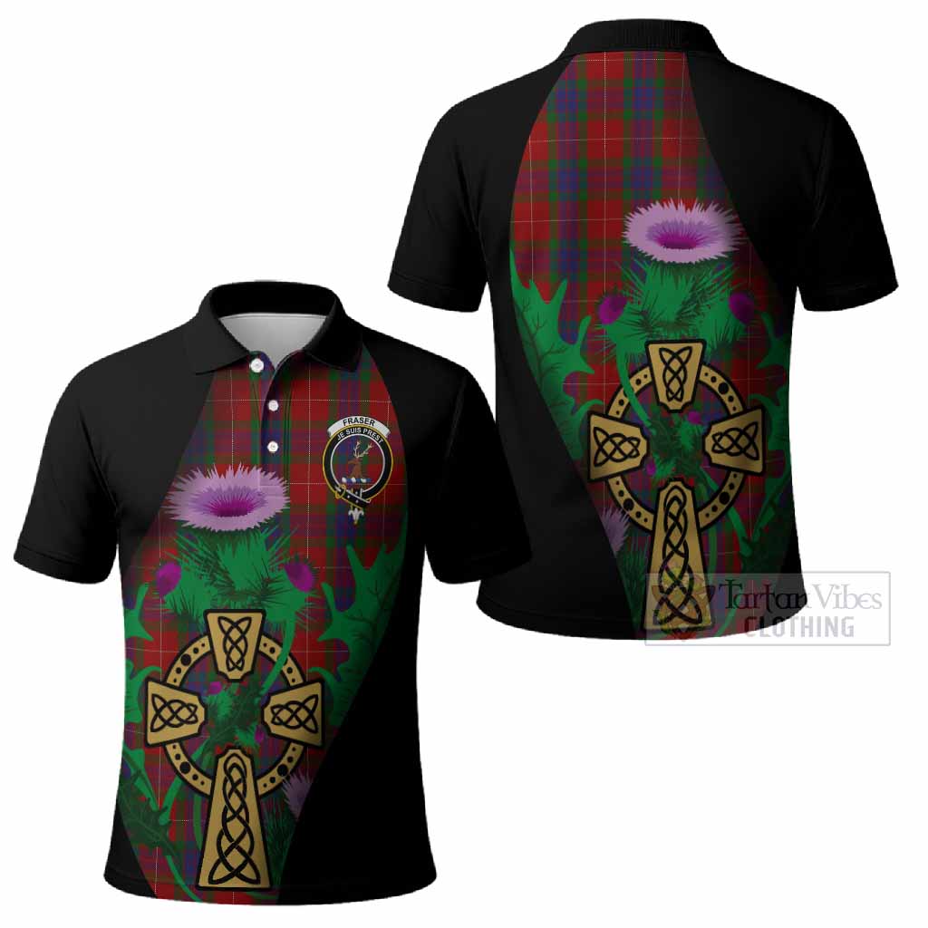 Fraser Tartan Crest Polo Shirt Celtic Cross Thistle Flowers