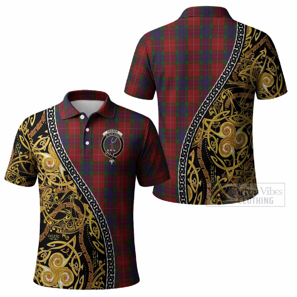 Fraser Tartan Crest Polo Shirt Celtic Knot and Triple Trickle Spiral Symbols