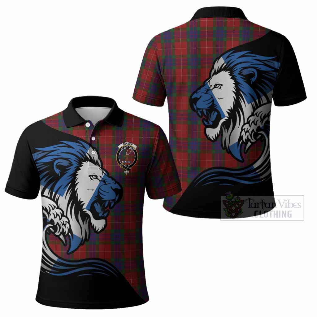 Fraser Tartan Crest Polo Shirt Scottish Golden Lions Wave Flow