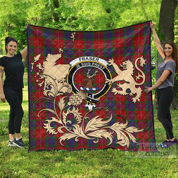 Fraser Tartan Crest Premium Quilt with Scottish Iconic Symbols 