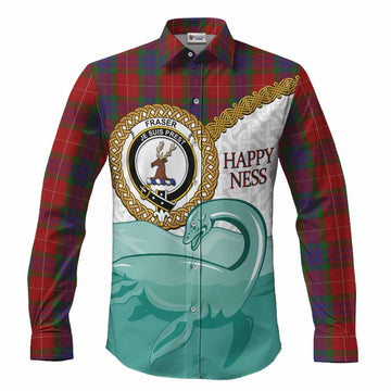 Fraser Tartan Crest Scottish Loch Ness Monster Long Sleeve Button Shirts Happy Ness Scotland Celtic Knot