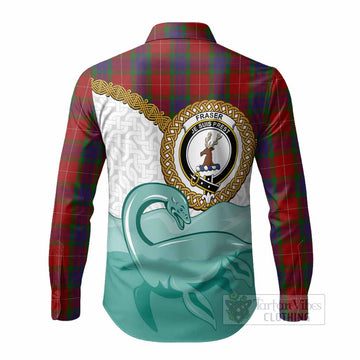 Fraser Tartan Crest Scottish Loch Ness Monster Long Sleeve Button Shirts Happy Ness Scotland Celtic Knot