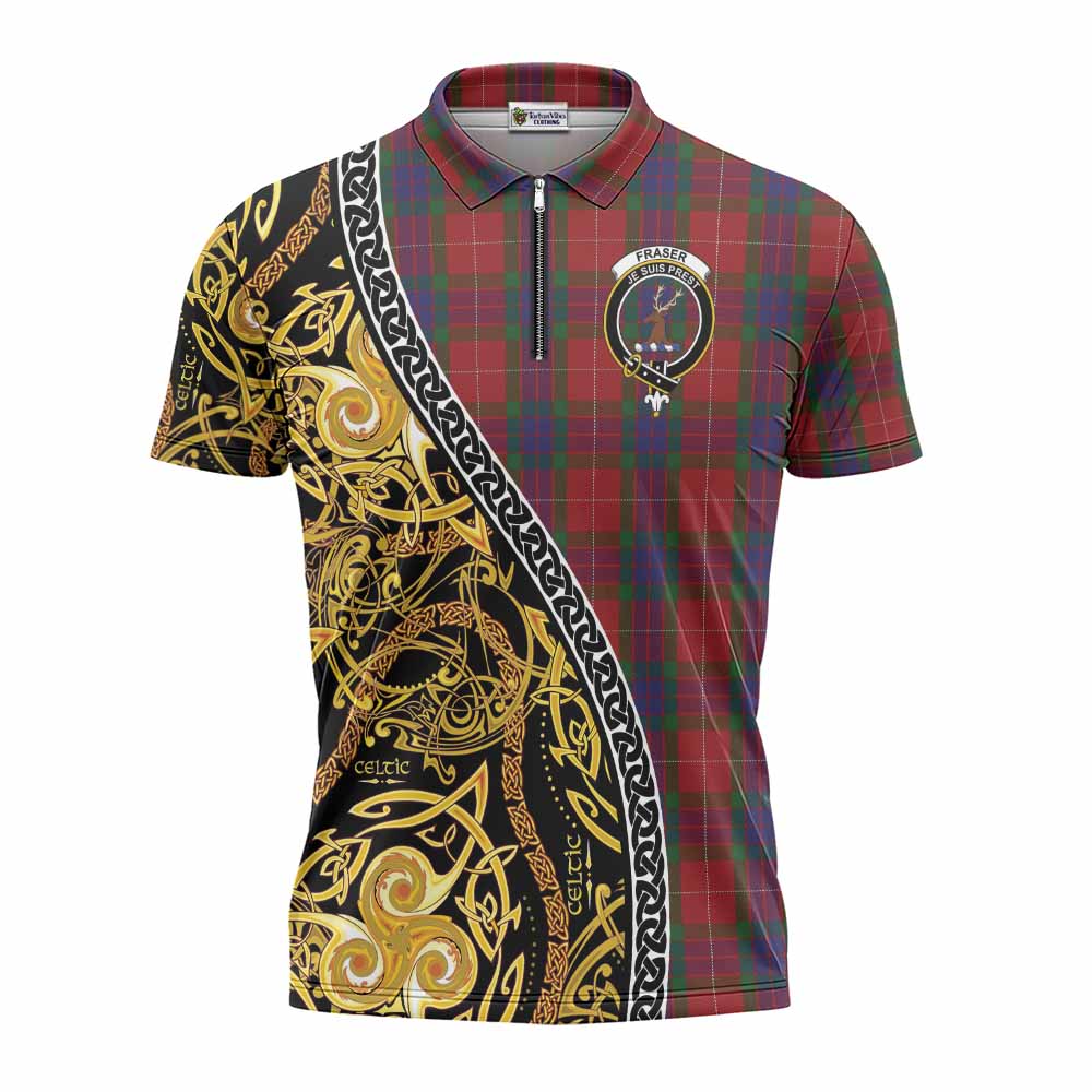 Fraser Tartan Crest Zipper Polo Shirt Celtic Knot and Triple Trickle Spiral Symbols