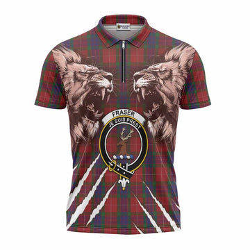 Fraser Tartan Crest Zipper Polo Shirt Ferocious Lion Style