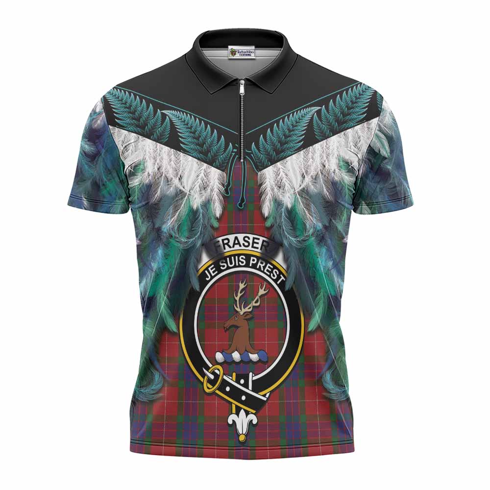 Fraser Tartan Crest Zipper Polo Shirt New Zealand Maori Korowai Cloak