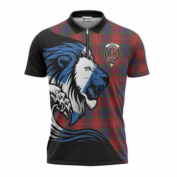 Fraser Tartan Crest Zipper Polo Shirt Scottish Golden Lions Wave Flow