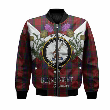 Fraser Tartan Family Crest Bomber Jacket Scottish Burns Night Thistle Floral