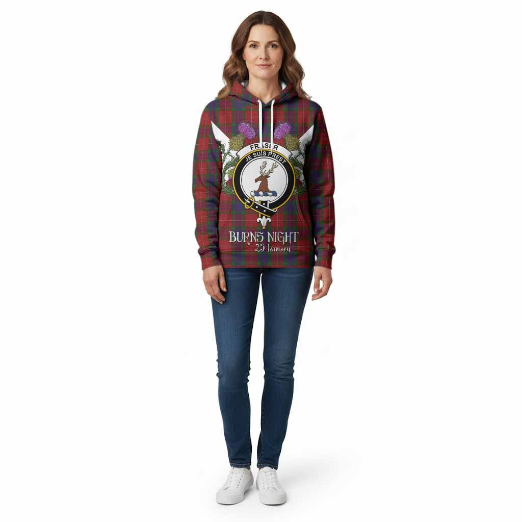Fraser Tartan Family Crest Cotton Hoodie Scottish Burns Night Thistle Floral