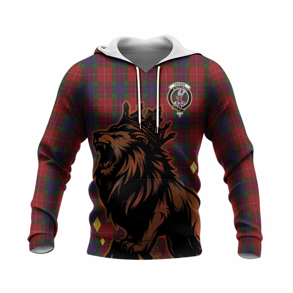 Fraser Tartan Family Crest Knitted Hoodie Crowned Lion Roaring