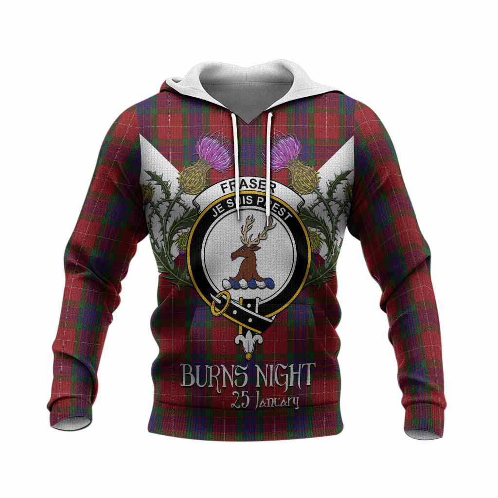 Fraser Tartan Family Crest Knitted Hoodie Scottish Burns Night Thistle Floral