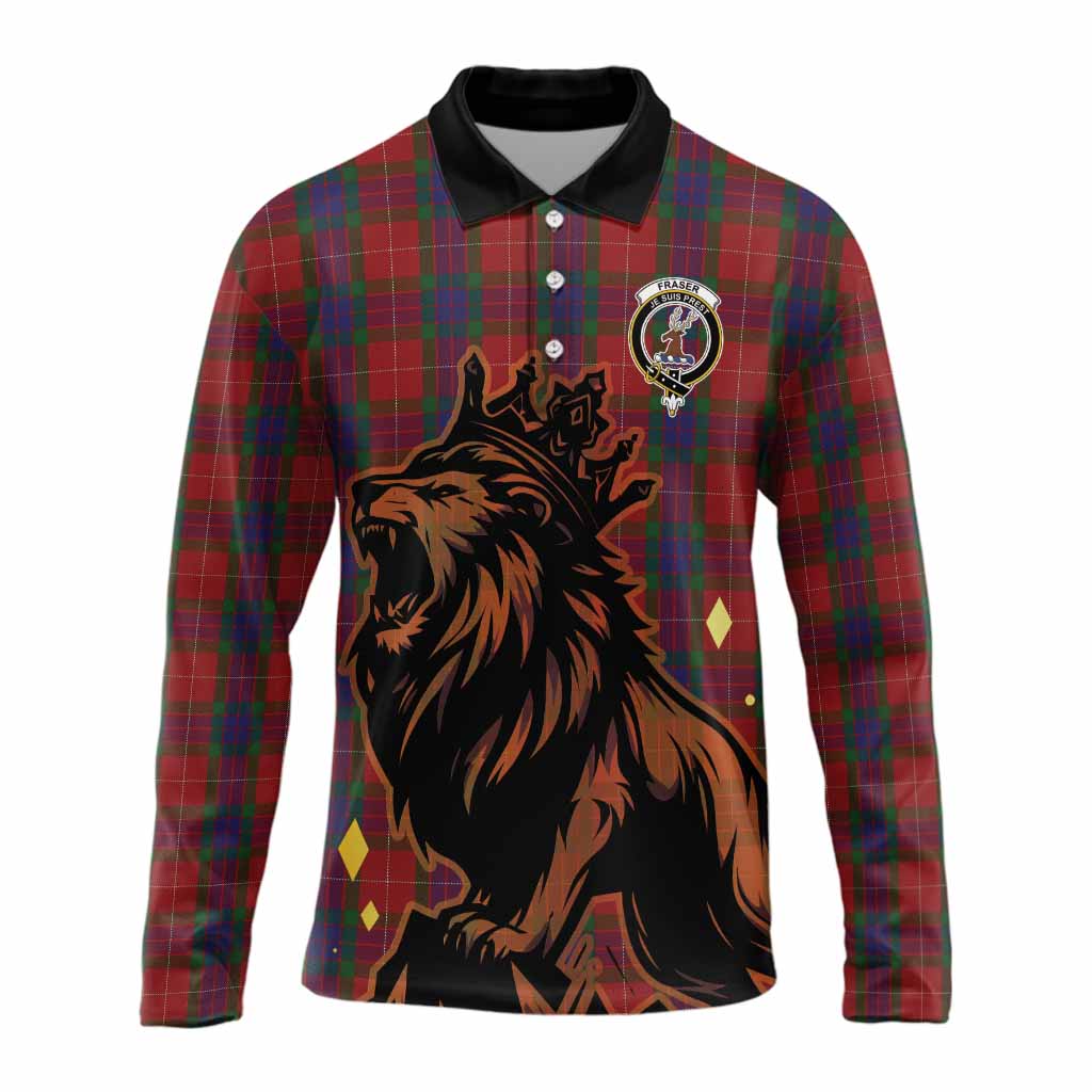 Fraser Tartan Family Crest Long Sleeve Polo Shirt Crowned Lion Roaring