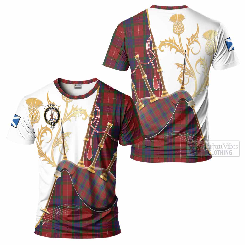 Fraser Tartan Family Crest T-Shirt Bagpipes with Scottish Thistle