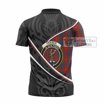 Fraser Tartan Family Crest Zipper Polo Shirt Celtic Scottish Thistle Floral
