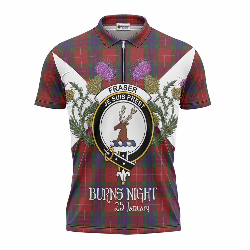 Fraser Tartan Family Crest Zipper Polo Shirt Scottish Burns Night Thistle Floral