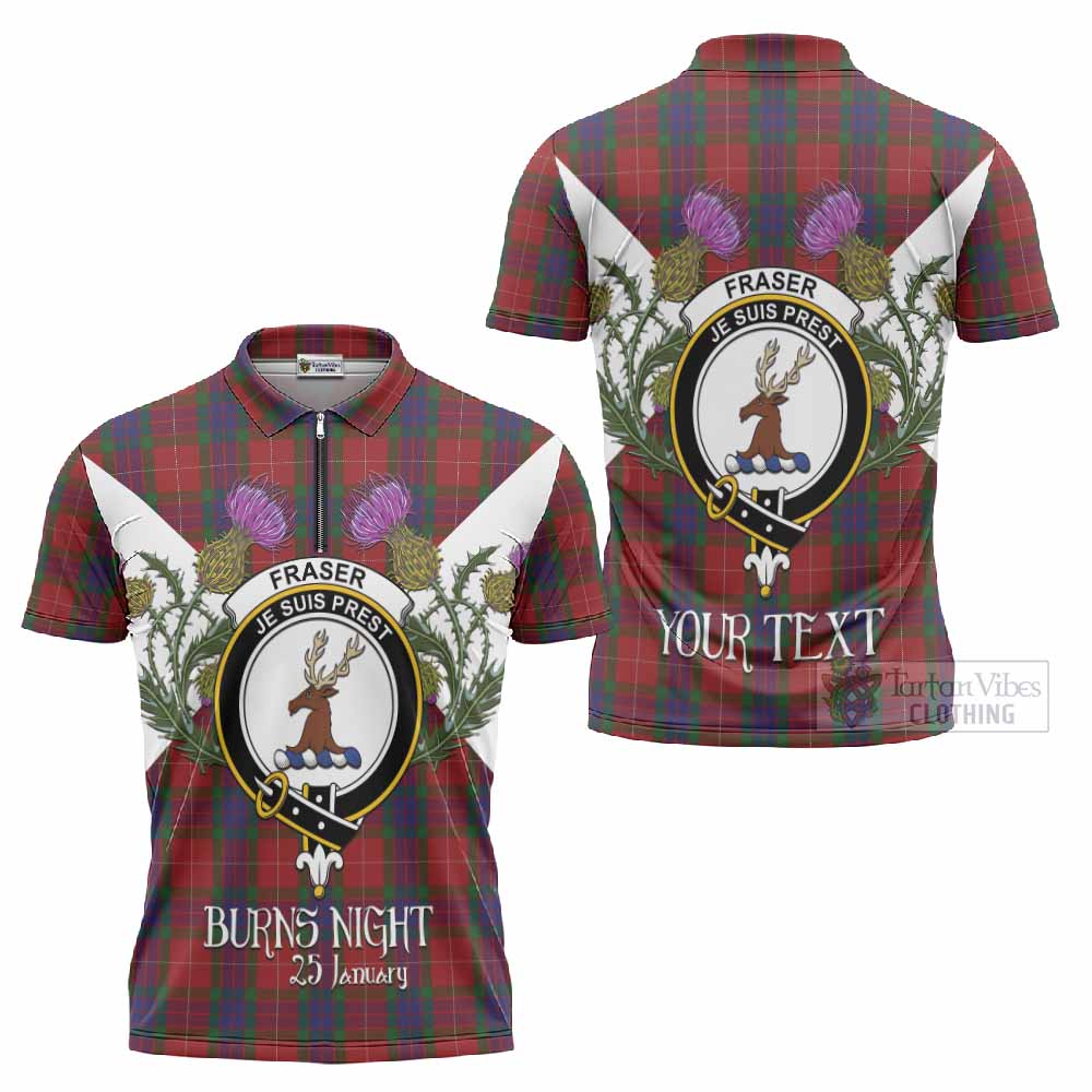Fraser Tartan Family Crest Zipper Polo Shirt Scottish Burns Night Thistle Floral