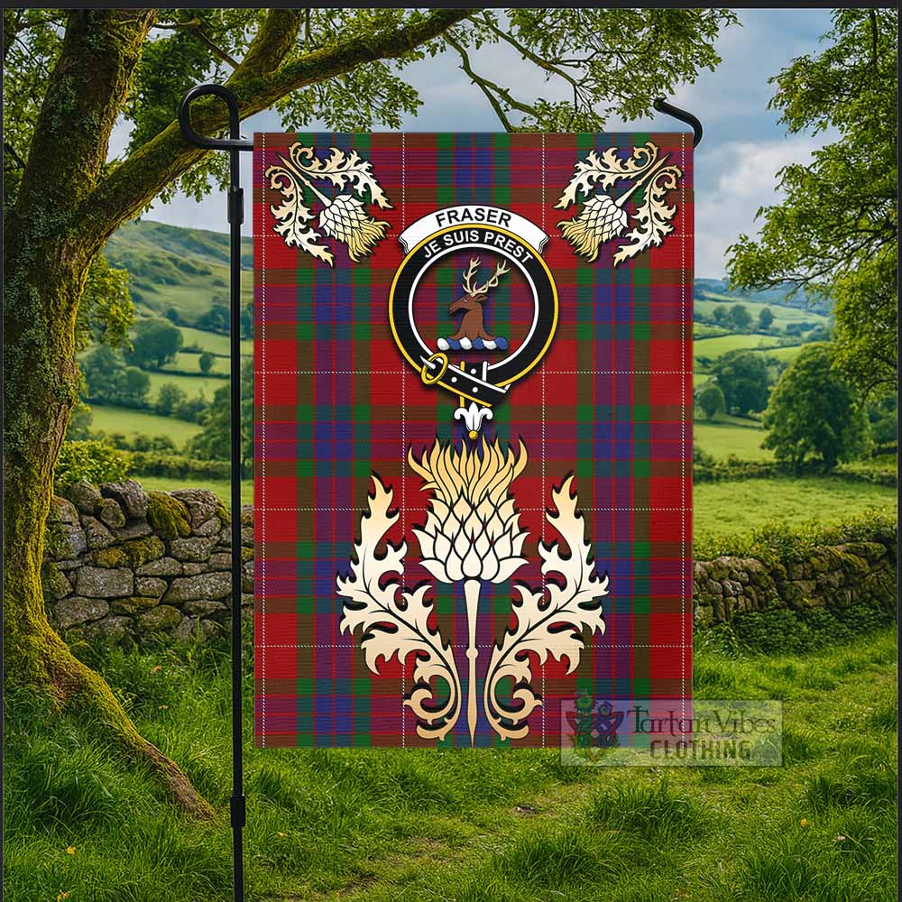 Fraser Tartan Garden Flag with Golden Regal Scottish Thistle Emblem - Tartan Vibes Clothing
