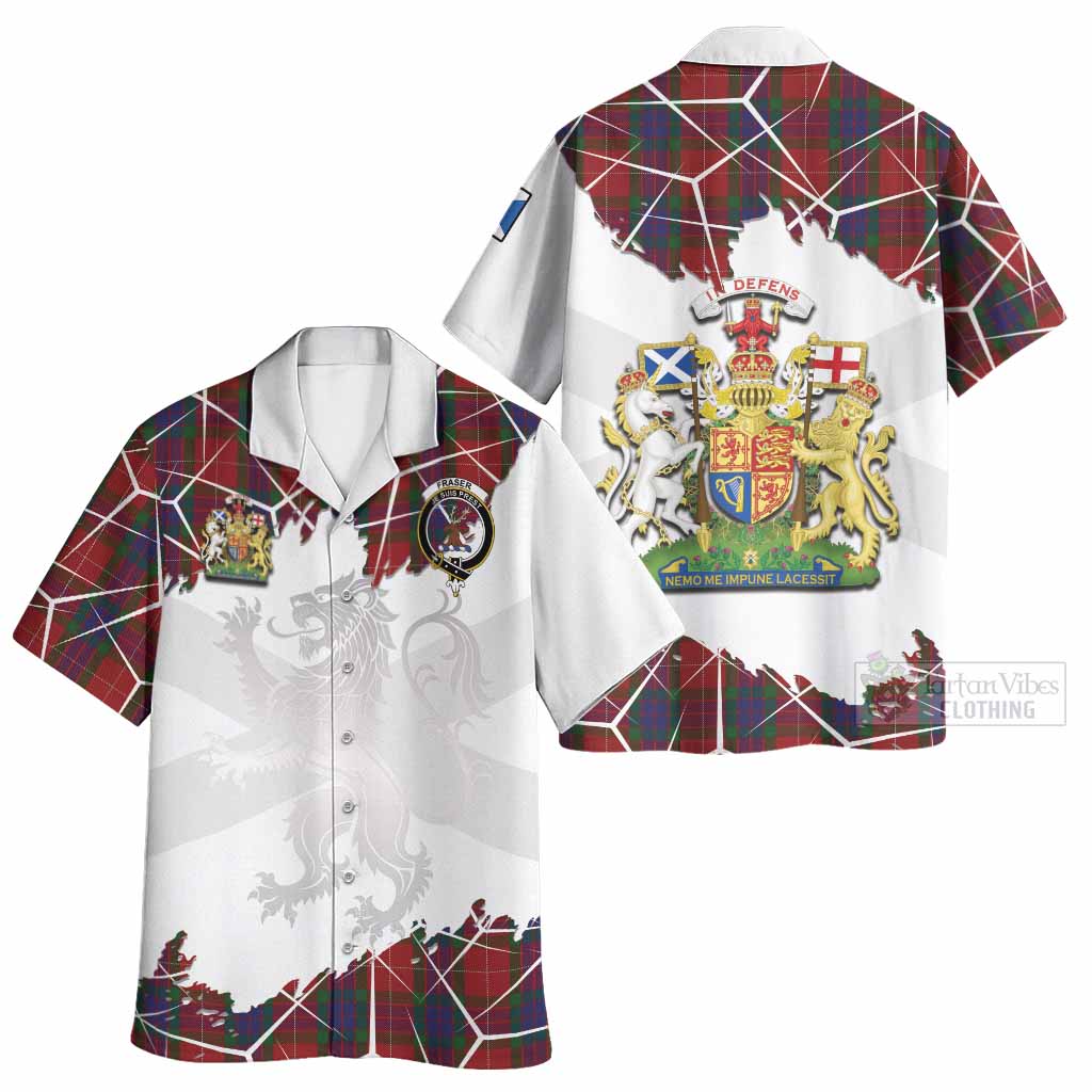 Fraser Tartan Hawaiian Shirt with Family Crest and Lion Rampant Grunge Style