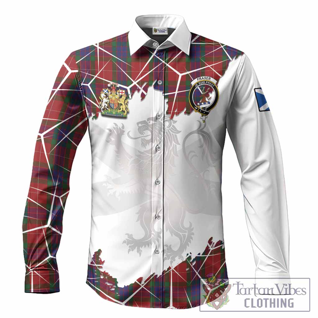 Fraser Tartan Long Sleeve Button Shirts with Family Crest and Lion Rampant Grunge Style