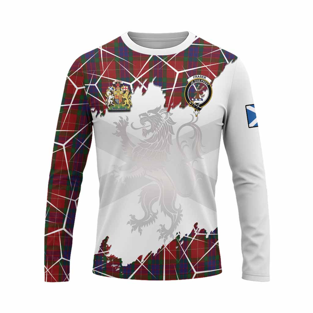 Fraser Tartan Long Sleeve T-Shirt with Family Crest and Lion Rampant Grunge Style