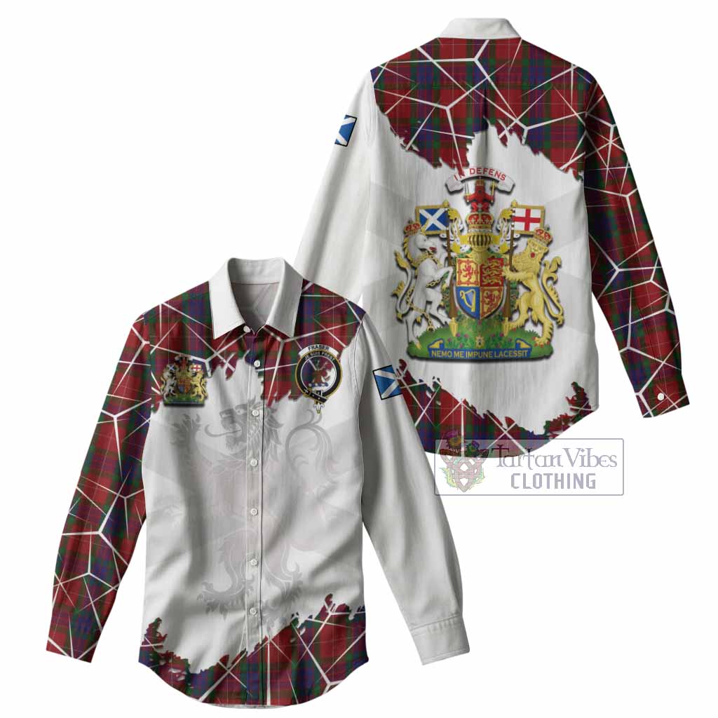 Fraser Tartan Women Casual Shirt with Family Crest and Lion Rampant Grunge Style