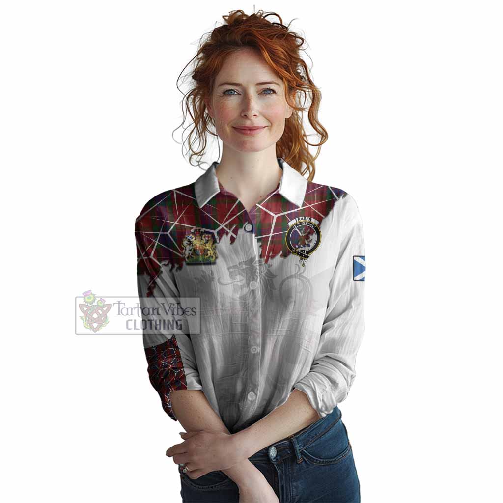 Fraser Tartan Women Casual Shirt with Family Crest and Lion Rampant Grunge Style