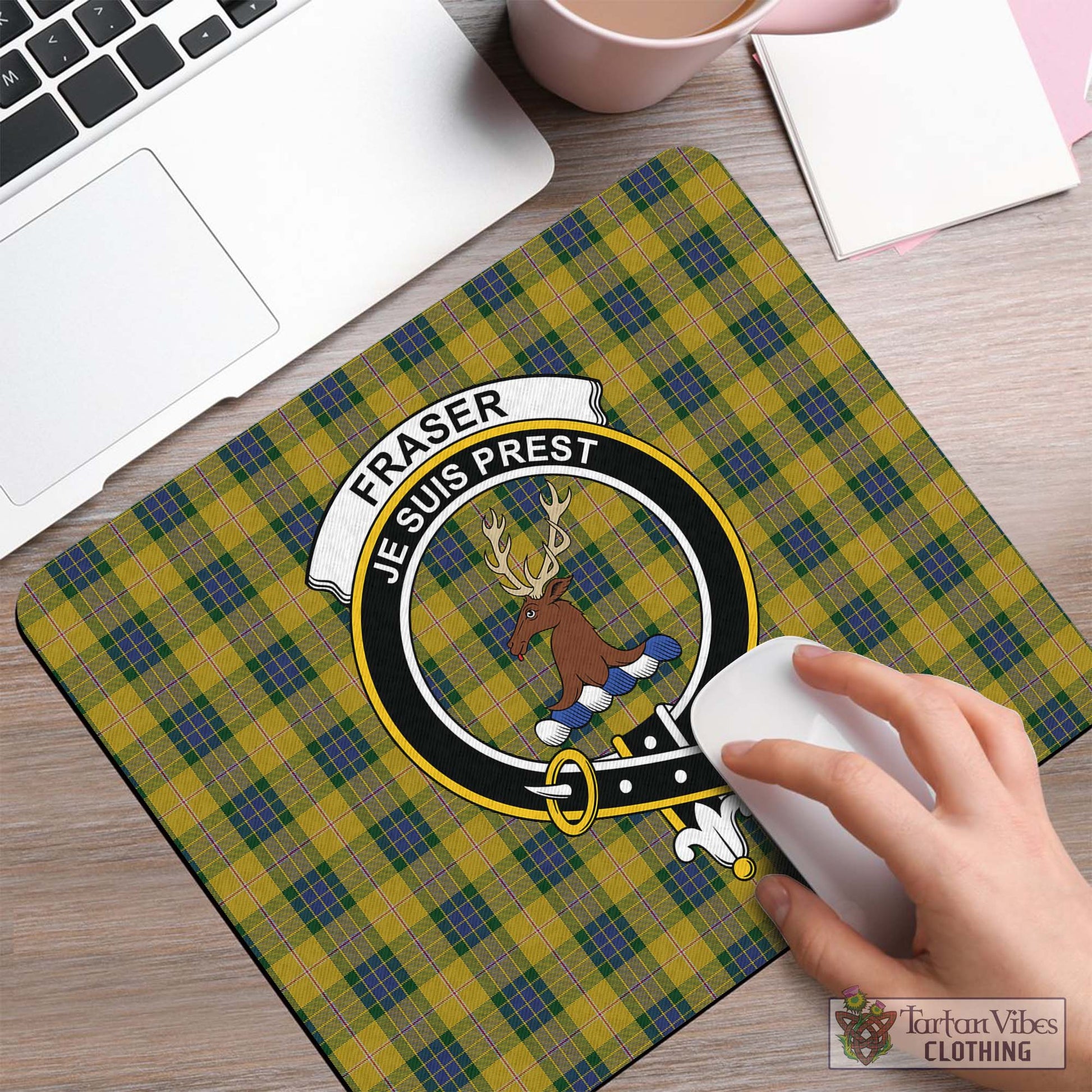 Tartan Vibes Clothing Fraser Yellow Tartan Mouse Pad with Family Crest