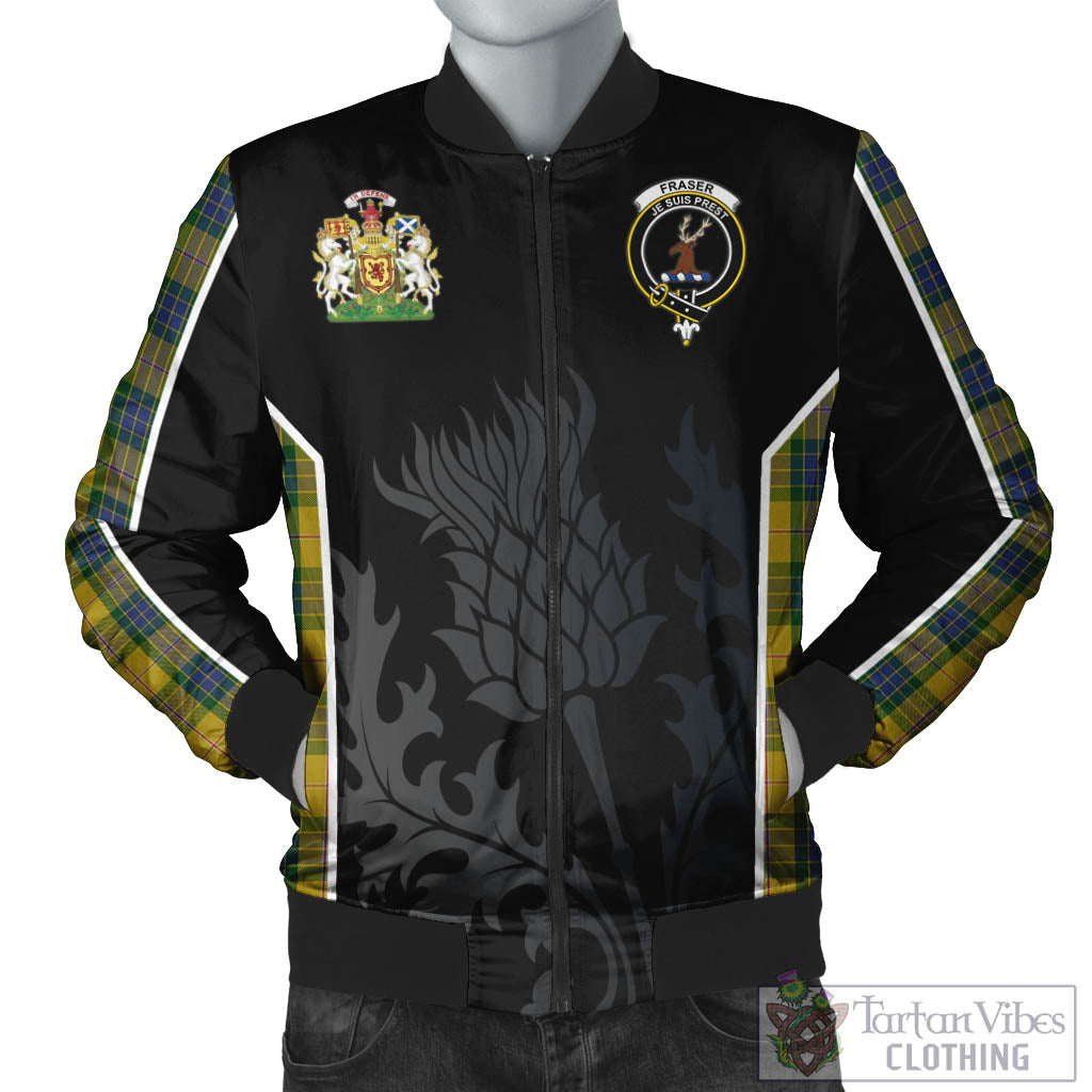 Tartan Vibes Clothing Fraser Yellow Tartan Bomber Jacket with Family Crest and Scottish Thistle Vibes Sport Style