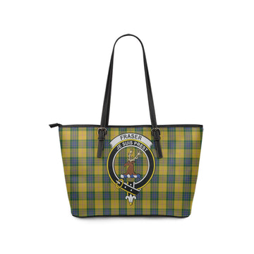 Fraser Yellow Tartan Leather Tote Bag with Family Crest