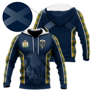 Fraser Yellow Tartan Knitted Hoodie with Family Crest and Scottish Thistle Vibes Sport Style