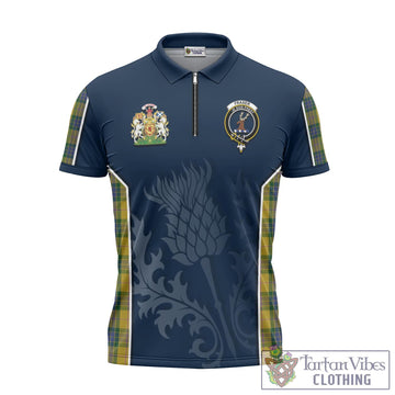 Fraser Yellow Tartan Zipper Polo Shirt with Family Crest and Scottish Thistle Vibes Sport Style