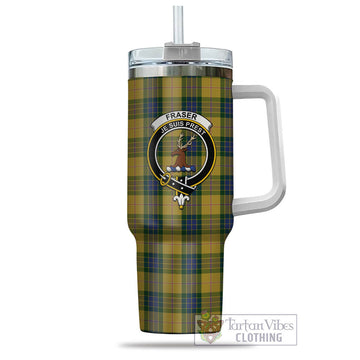 Fraser Yellow Tartan and Family Crest Tumbler with Handle