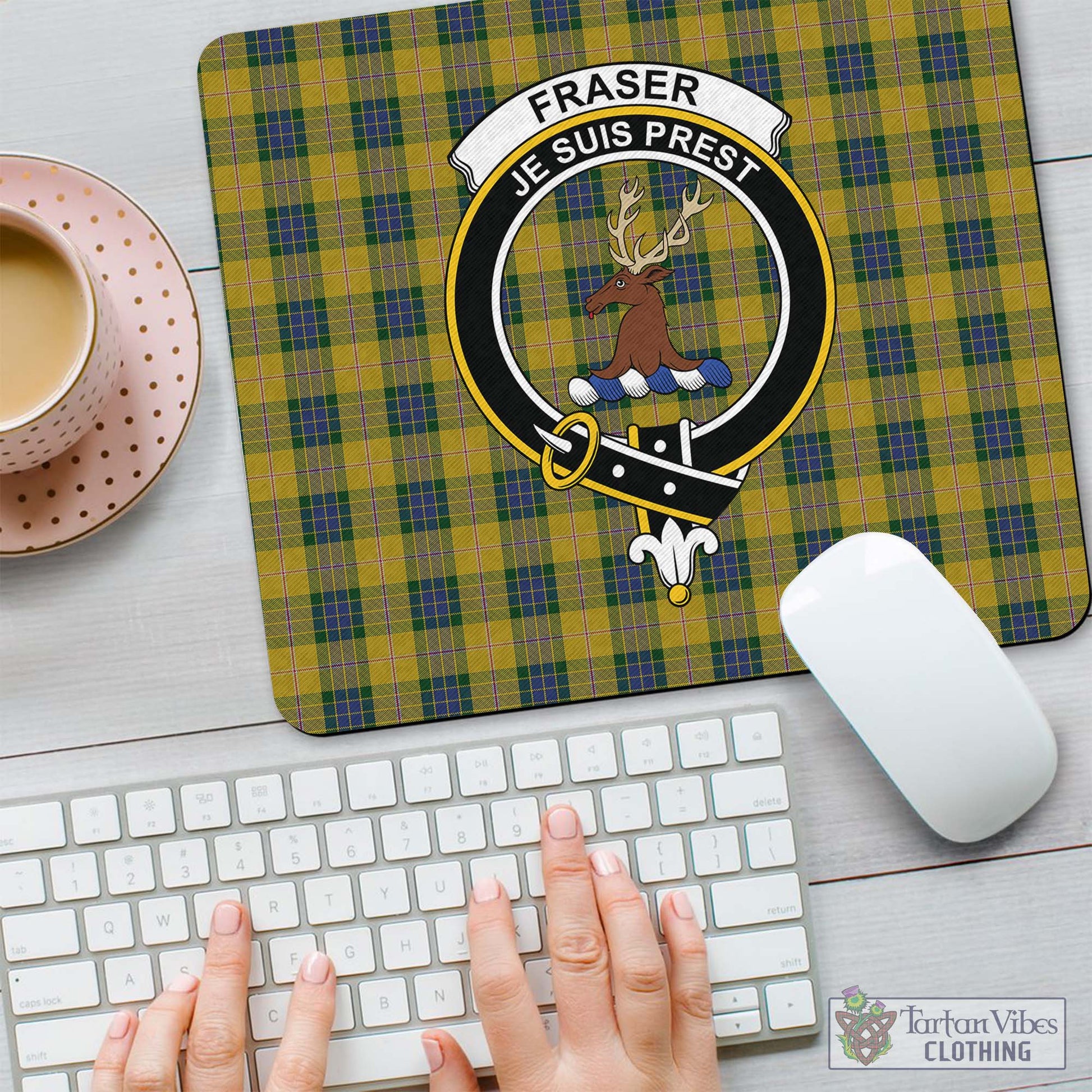 Tartan Vibes Clothing Fraser Yellow Tartan Mouse Pad with Family Crest