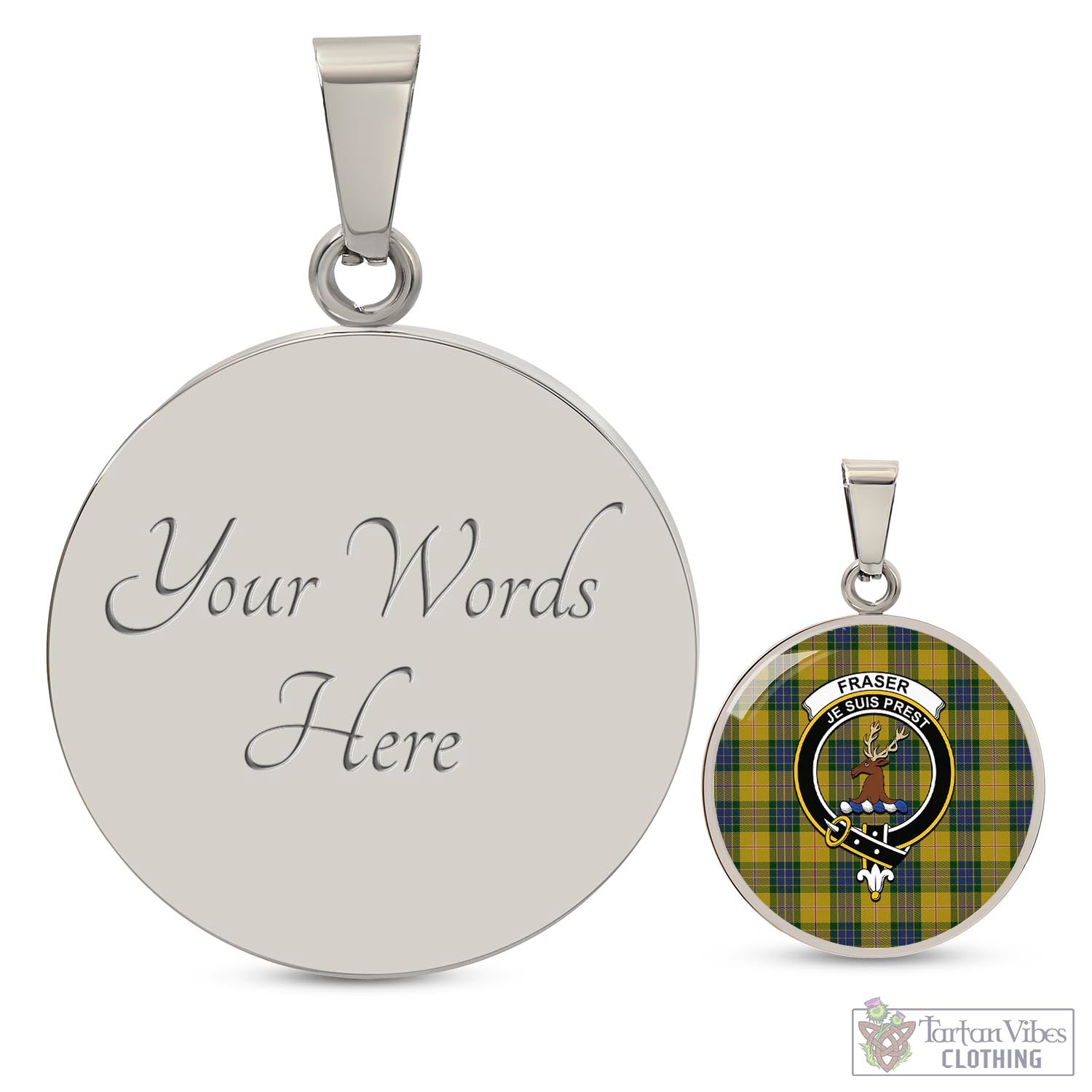 Tartan Vibes Clothing Fraser Yellow Tartan Circle Necklace with Family Crest