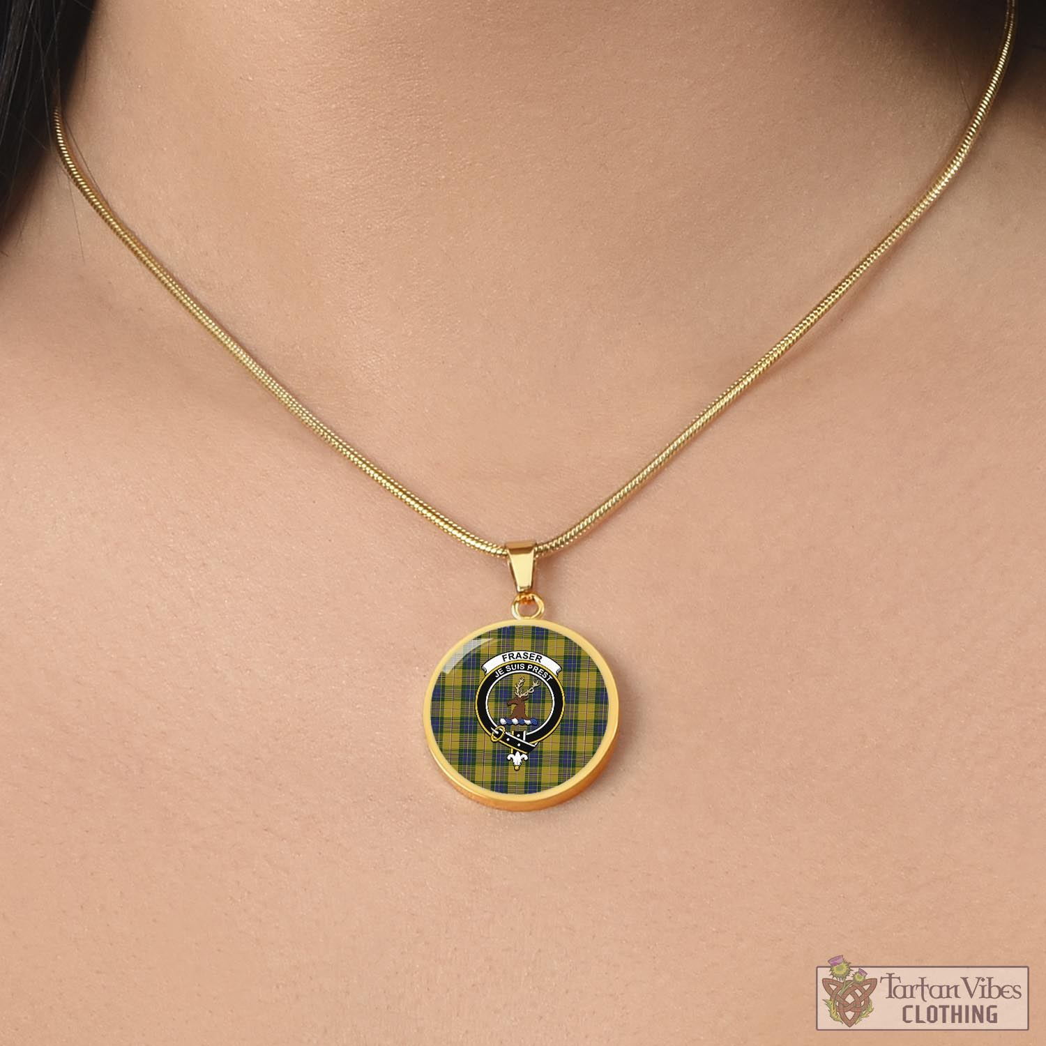 Tartan Vibes Clothing Fraser Yellow Tartan Circle Necklace with Family Crest