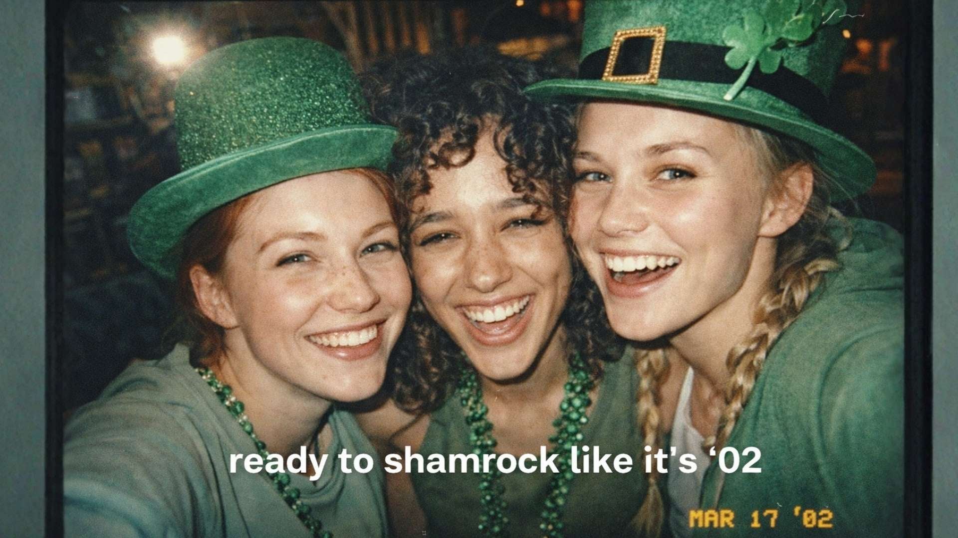 Friends in green hats posing for nostalgic St. Patrick’s Day photo
