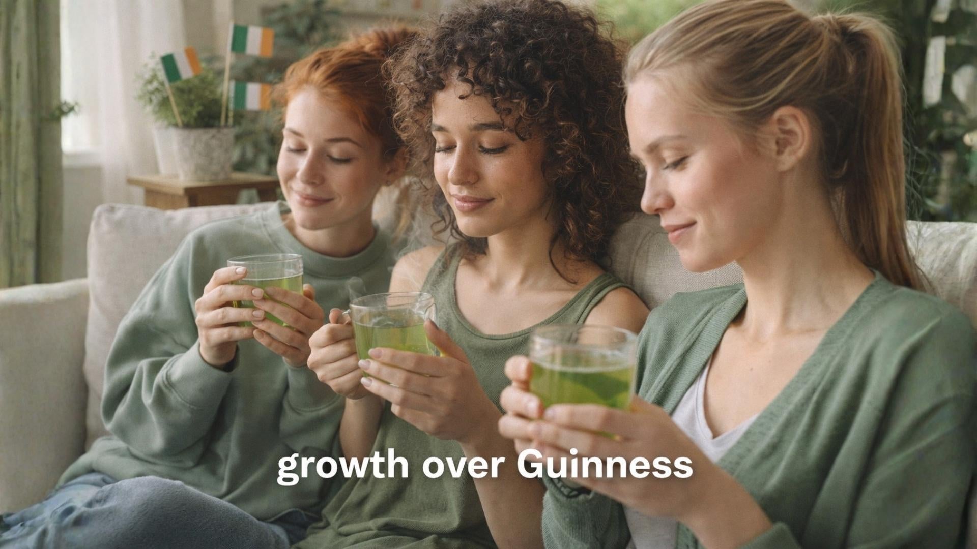 Friends in green sipping tea for sober St. Patrick’s Day wellness