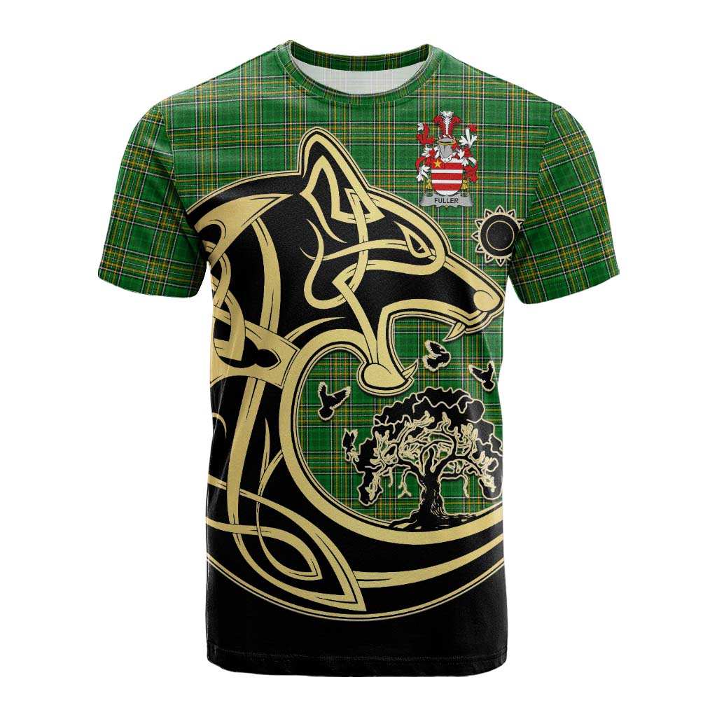 Tartan Vibes Clothing Fuller Irish Tartan Cotton T-shirt with Coat of Arms Celtic Wolf Style