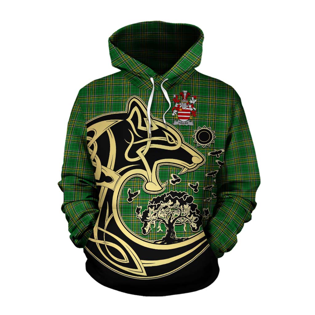 Tartan Vibes Clothing Fuller Irish Tartan Cotton Hoodie with Coat of Arms Celtic Wolf Style