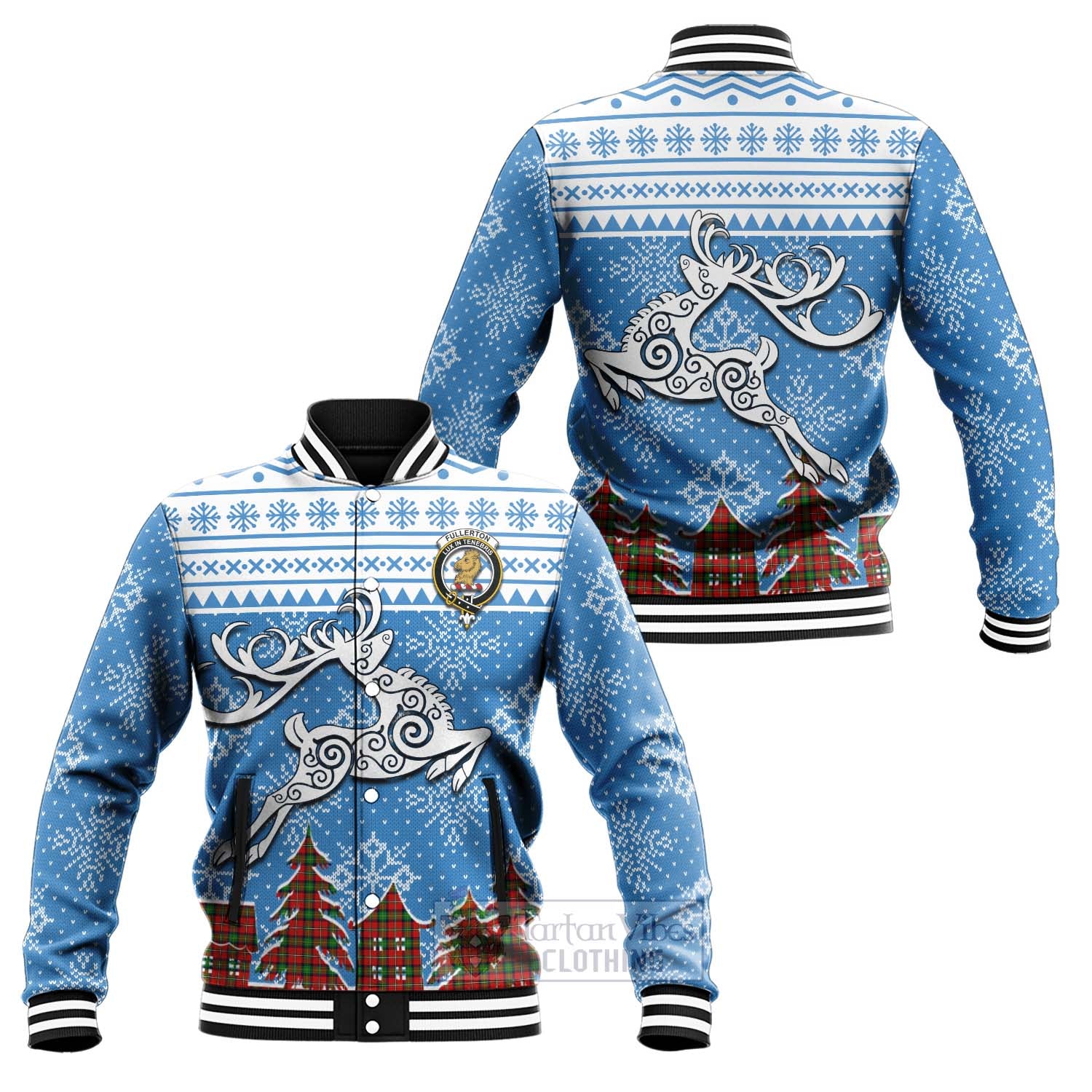 Tartan Vibes Clothing Fullerton Clan Christmas Baseball Jacket Celtic Reindeer Style