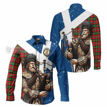 Fullerton Tartan Long Sleeve Button Shirt with Family Crest Scottish Bagpiper Vibes Men's Shirt - Tartan Vibes Clothing