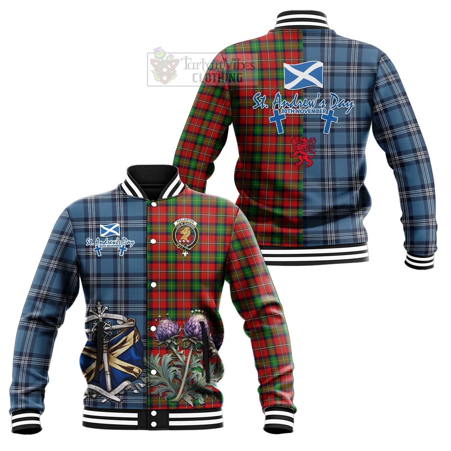Fullerton Tartan Baseball Jacket Happy St. Andrew's Day Half Tartan Style Unisex - Tartan Vibes Clothing
