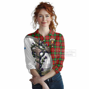 Fullerton Tartan Women's Casual Shirt with Family Crest and St. Andrew's Cross Accented by Thistle Vines Female - Tartan Vibes Clothing