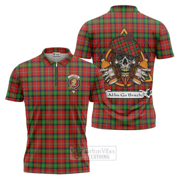 Fullerton Tartan Zipper Polo Shirt with Family Crest and Bearded Skull Holding Bottles of Whiskey Unisex - Tartan Vibes Clothing
