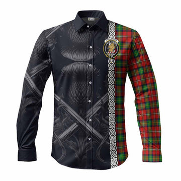 Tartan Vibes Clothing Fullerton Tartan Long Sleeve Button Shirt with Family Crest Cross Sword Thistle Celtic Vibes