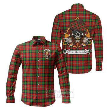 Fullerton Tartan Long Sleeve Button Shirt with Family Crest and Bearded Skull Holding Bottles of Whiskey Men's Shirt S - Tartan Vibes Clothing