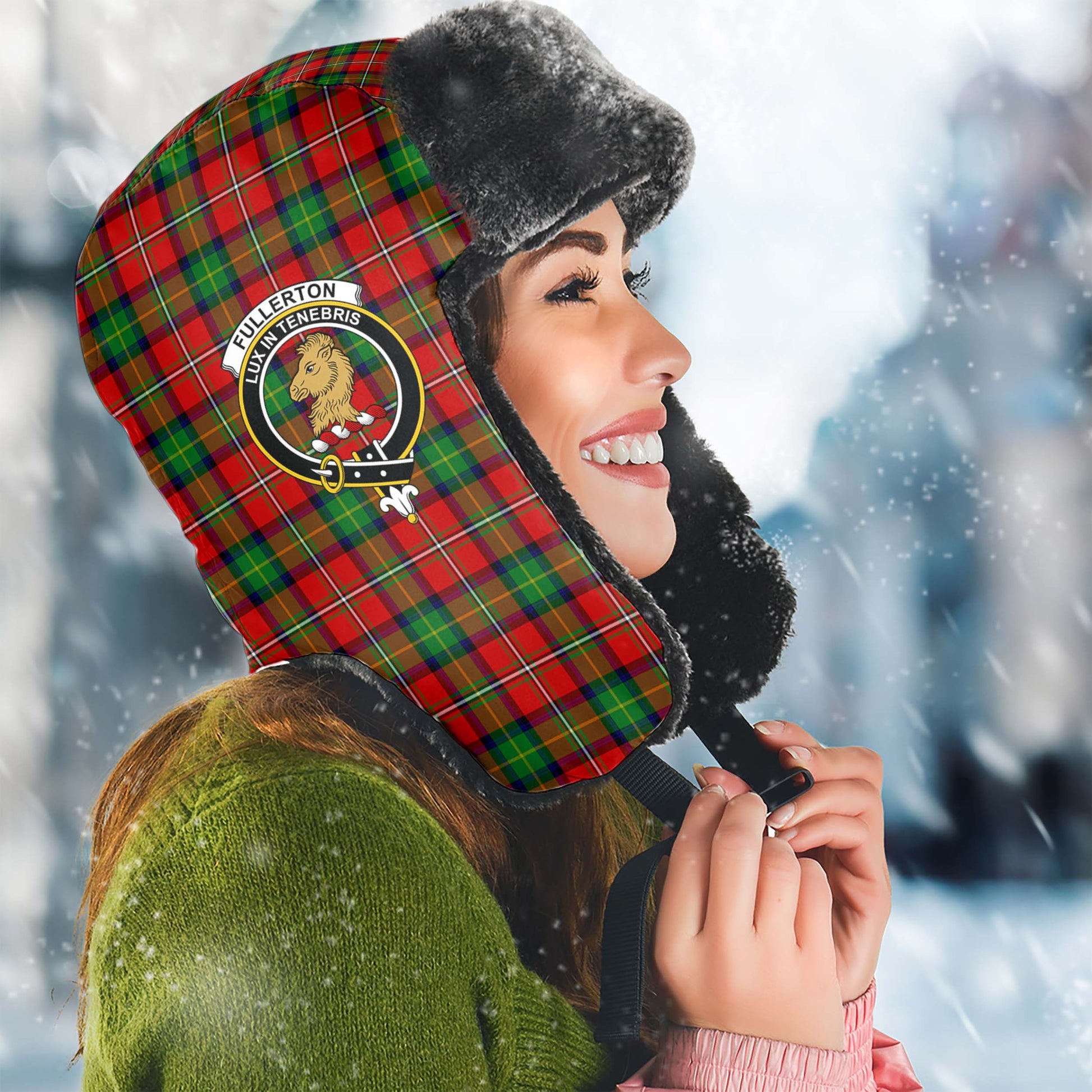 Fullerton Tartan Winter Trapper Hat with Family Crest Winter Trapper Hat Universal Fit Circumference 22.8in (58cm) - Tartan Vibes Clothing