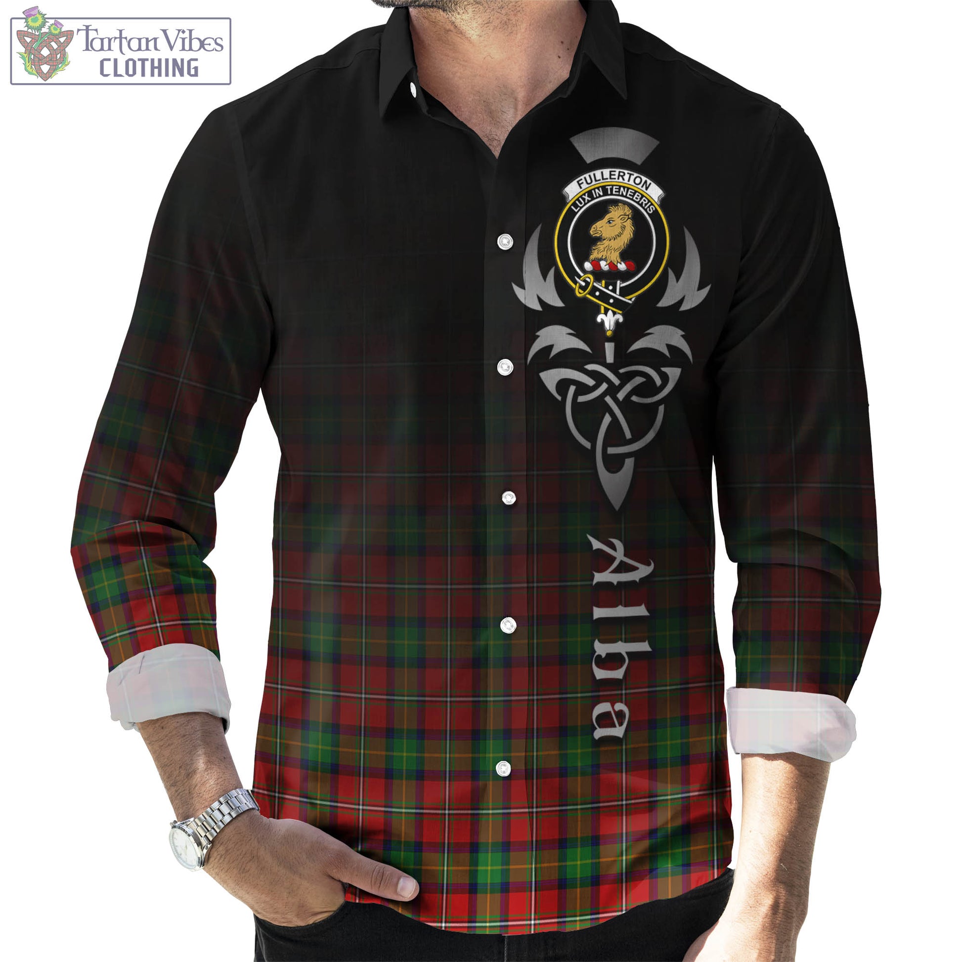 Fullerton Tartan Long Sleeve Button Up Featuring Alba Gu Brath Family Crest Celtic Inspired Men's Shirt - Tartan Vibes Clothing