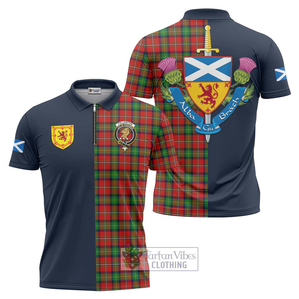 Fullerton Tartan Zipper Polo Shirt Alba with Scottish Lion Royal Arm Half Style Unisex - Tartan Vibes Clothing
