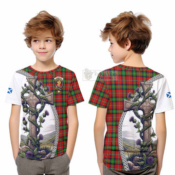 Fullerton Tartan Kid T-Shirt with Family Crest and St. Andrew's Cross Accented by Thistle Vines Youth XL Size14 - Tartan Vibes Clothing